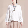 Embroidered Flowers Grass Frog-Button Long Sleeve Cotton Women's Shirt