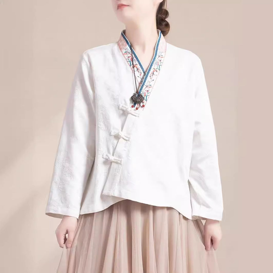 Embroidered Flowers Grass Frog-Button Long Sleeve Cotton Women's Shirt