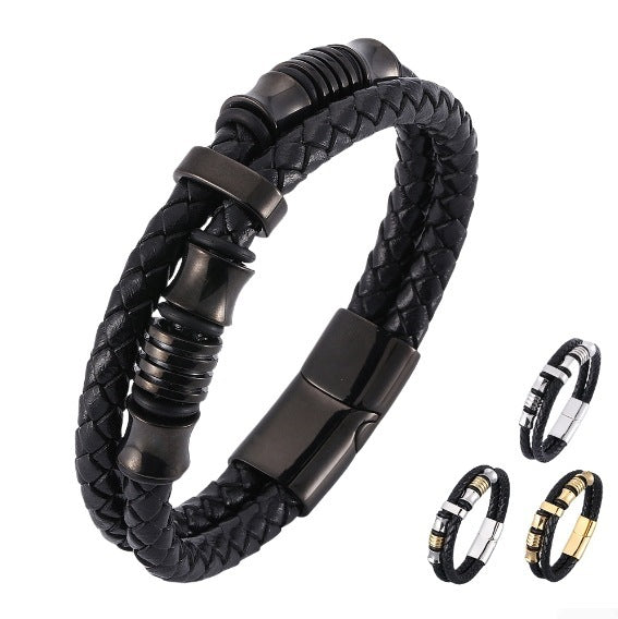 Black braided leather bracelet with stainless steel accents on a white background