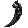 Close up view of the black jade dragon tooth pendant on a beaded cord