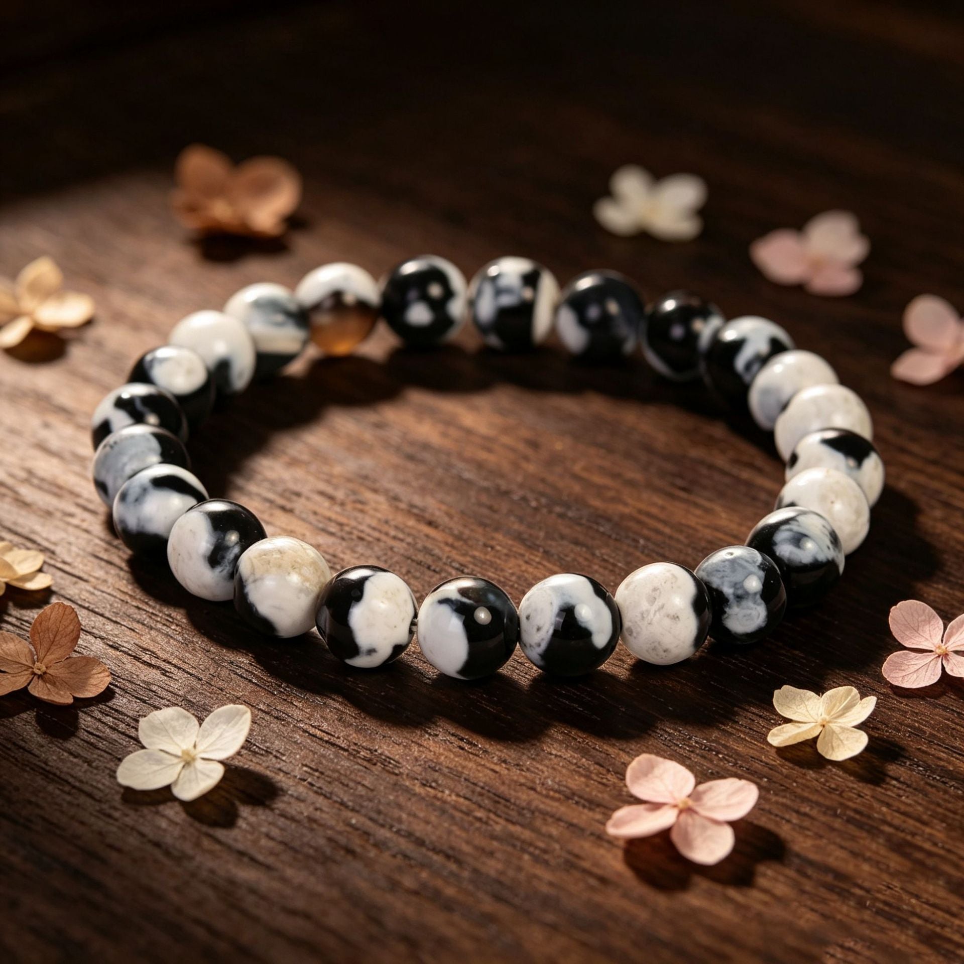 Close up of a black and white beaded bracelet on a wooden surface
