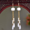 Long Drop Earrings with Floral Charm and Faux Pearl