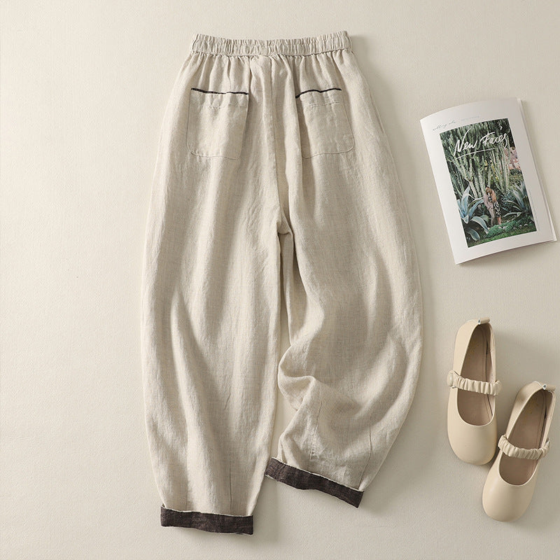 Beige linen blend women's harem pants with elastic waist and side pockets