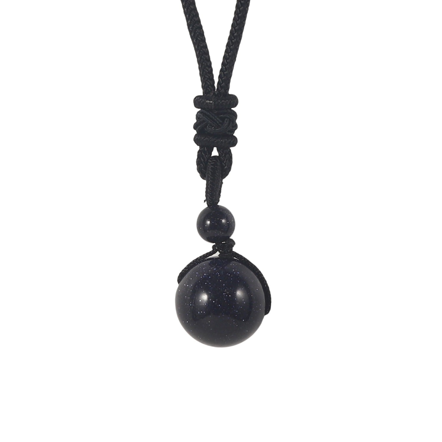 Close-up of a black natural stone bead pendant on a black cord necklace
