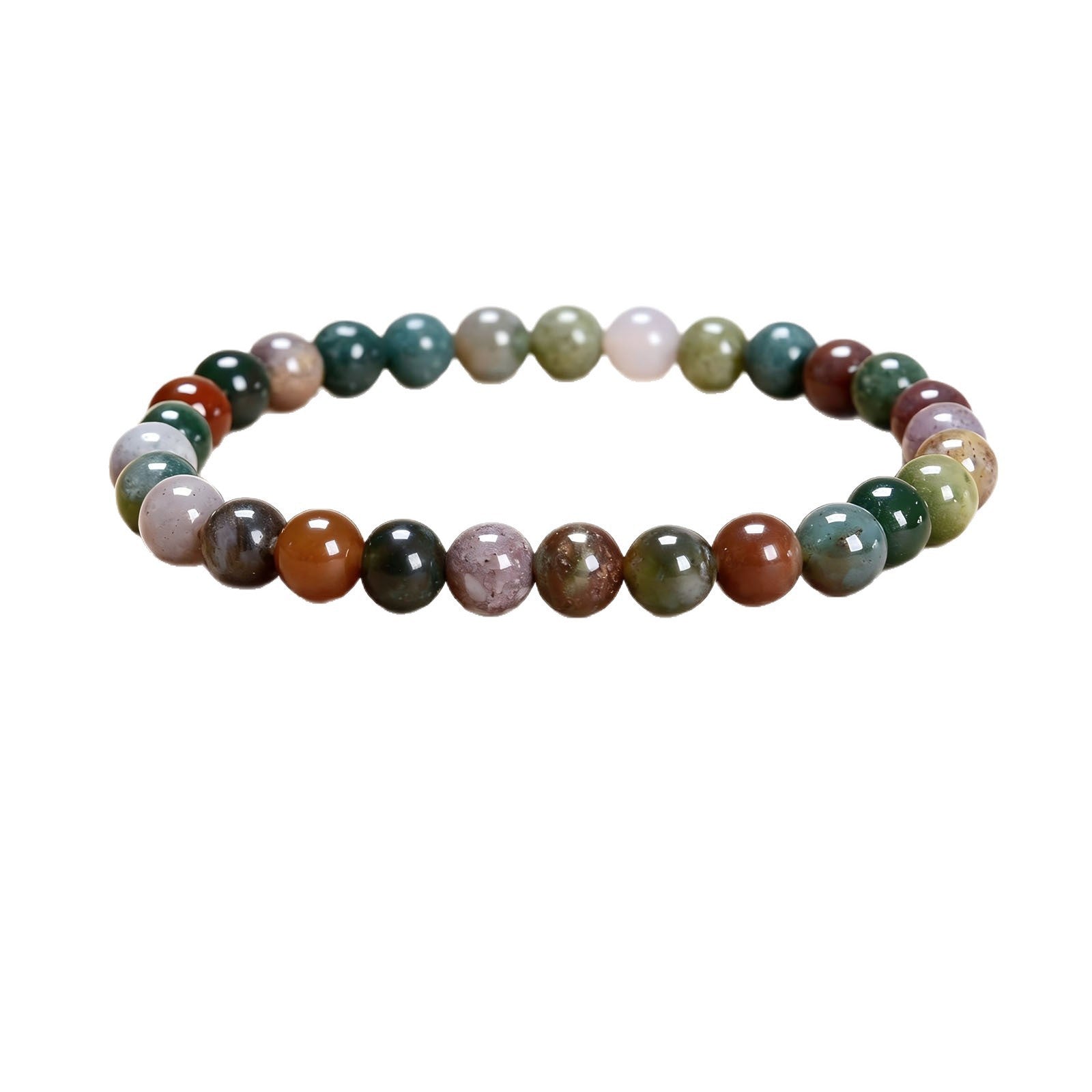 A close-up view of a multi-colored natural stone beaded bracelet on a white background