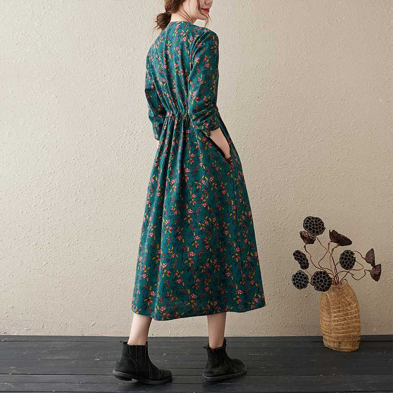 Ethnic Floral Cotton Linen Midi Dress with Pockets