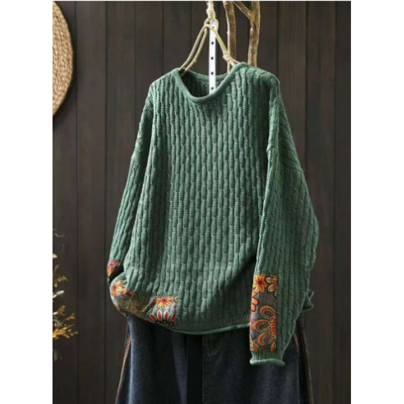 Winter Patchwork Design Long Sleeve Crew Neck Women's Sweater