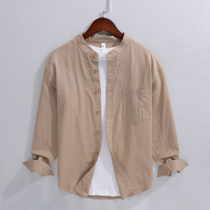 Men's Linen Cotton Long Sleeve Stand Collar Casual Shirt