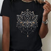 Black t-shirt with a golden lotus flower mandala print on the front