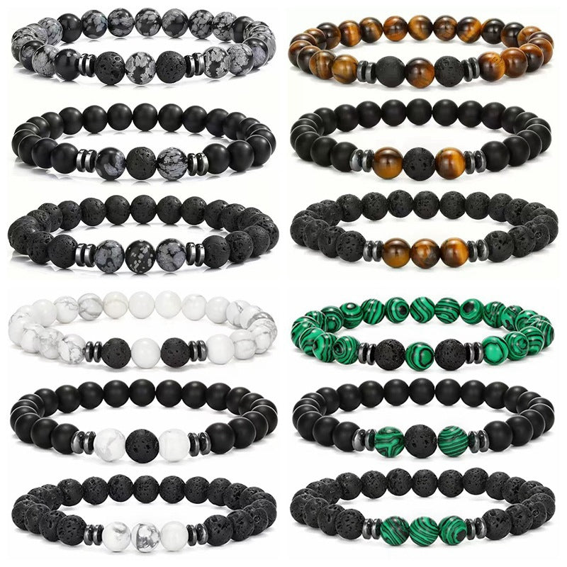 Three rows of beaded bracelets featuring black volcanic stone and brown tiger eye beads on a white background