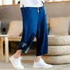 Men's Patchwork Cotton Linen Cropped Pants With Pockets