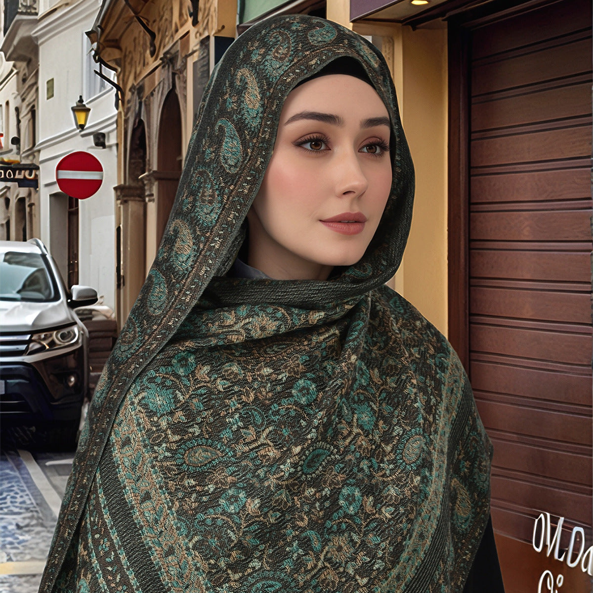 Woman wearing a green paisley patterned scarf wrapped around her head and shoulders