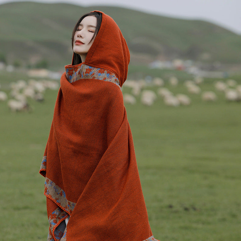 Hooded Knit Shawl Wrap, Tibetan Border Travel Poncho