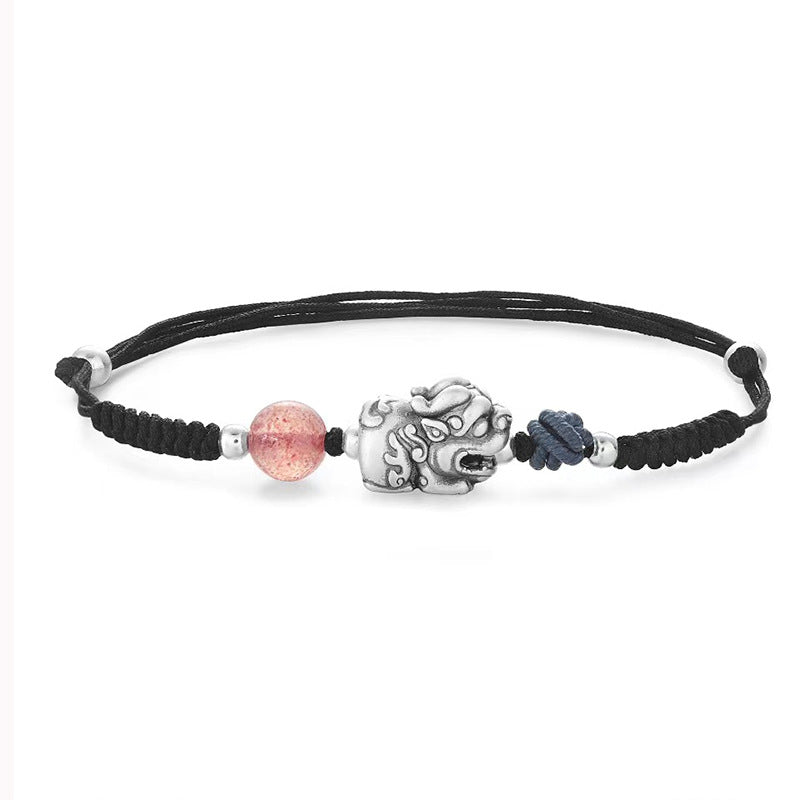 S925 Silver Pixiu Strawberry Quartz Braided Bracelet for Luck