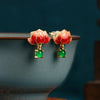 Lotus Flower Enamel Earrings with Green Stone Dangle