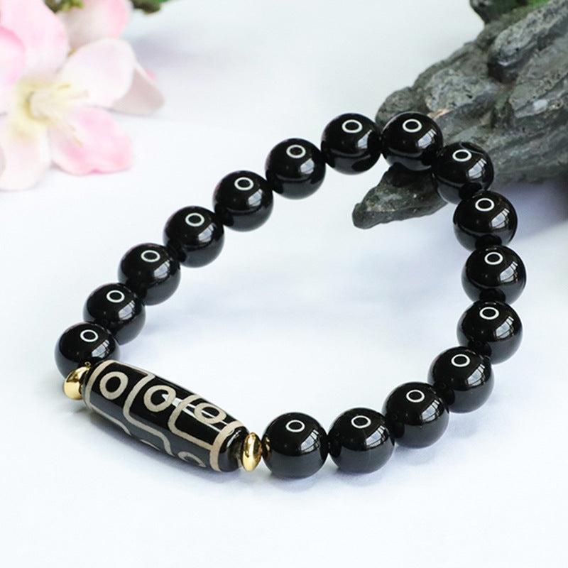 Nine-Eye Dzi Bead Black Agate Bracelet