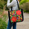 Embroidered Canvas Tote Bag with Birds and Flowers