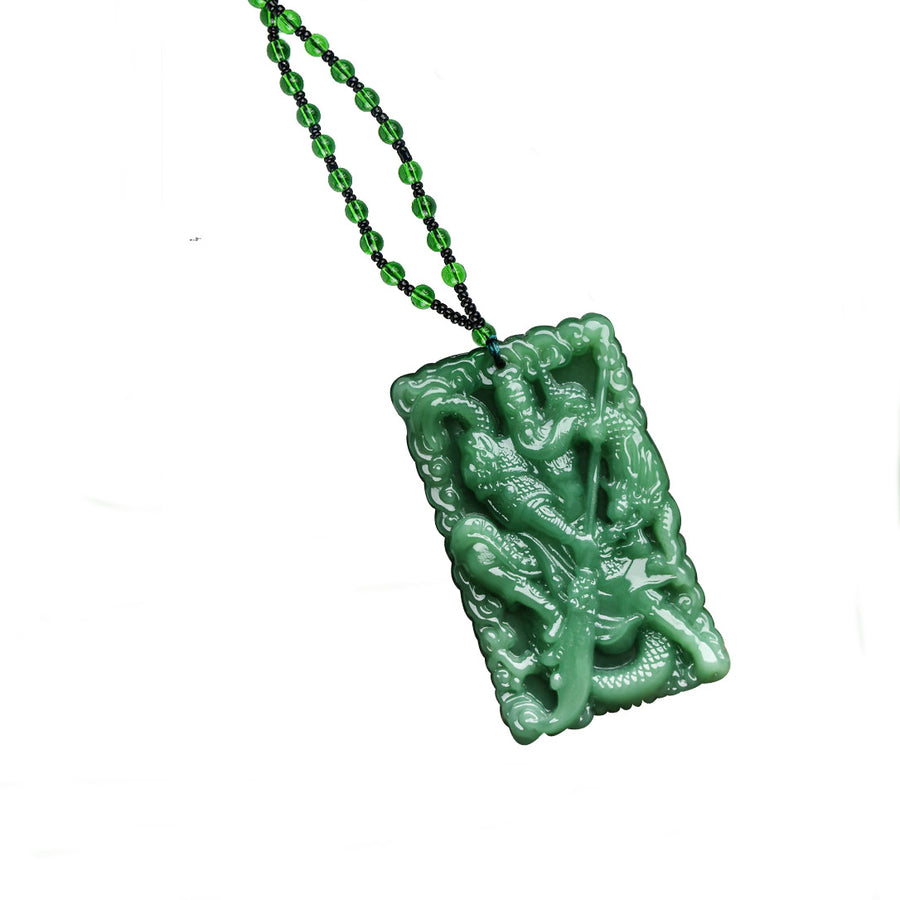 Green rectangular Guan Gong pendant necklace on a beaded chain