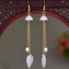 Long Drop Earrings with Floral Charm and Faux Pearl