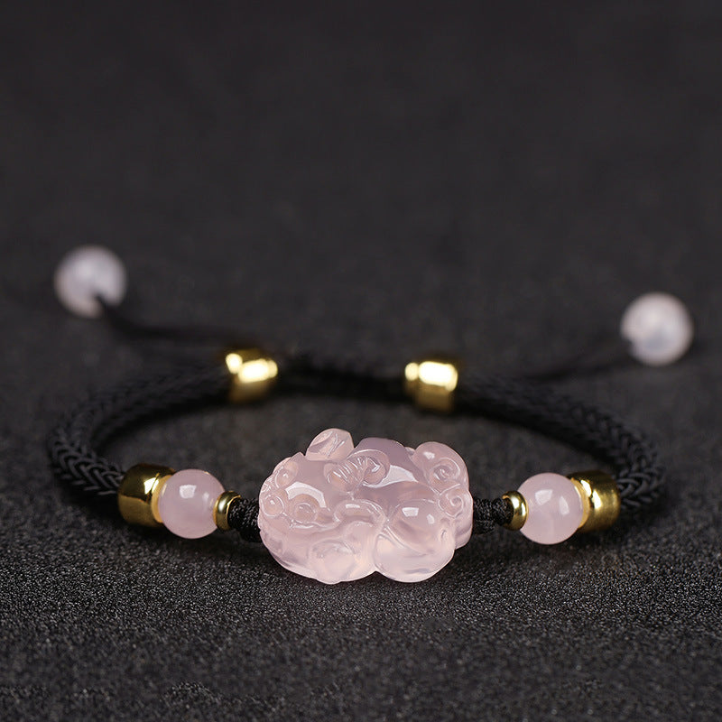 Pink Crystal Pixiu Braided Bracelet with Cord