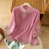 Women's Embroidered Flower Stand Collar Cotton Linen Shirt