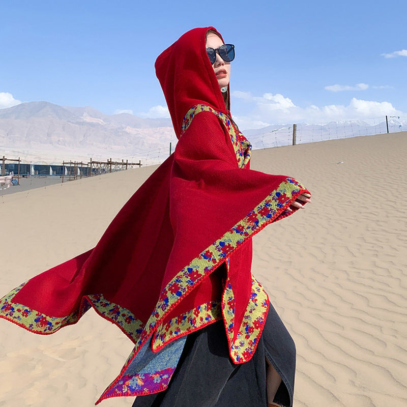 Hooded Knit Shawl Wrap, Border Travel Poncho