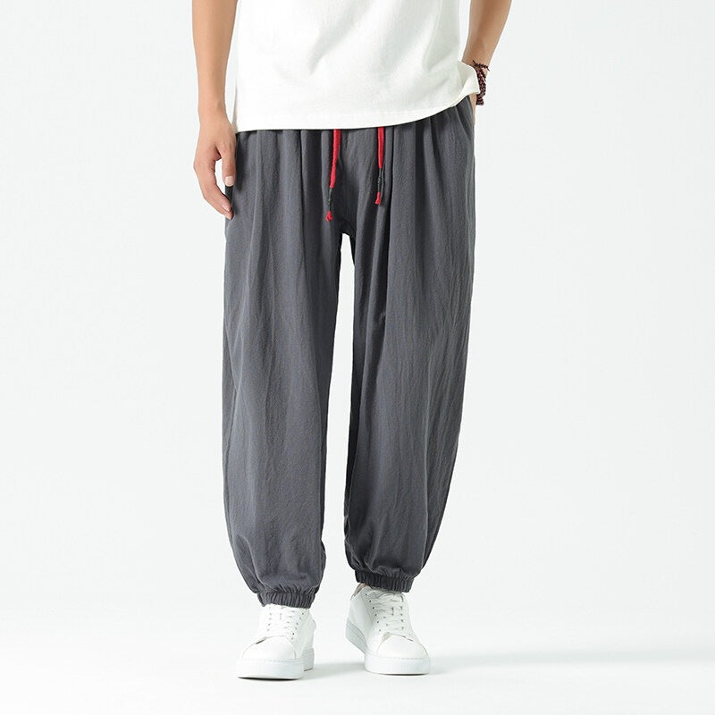 Men's Harem Pants Summer Casual Cotton Linen Cropped Trousers