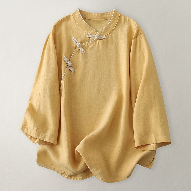 Yellow relaxed linen blend top with traditional knot buttons