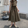 Cotton Linen Midi Dress, Elastic Waist Drawstring Short Sleeve