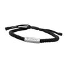 Black braided cord bracelet with silver-tone rectangular charm engraved with text