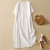 Women's Cotton Linen Midi Dress V-Neck Short Sleeve