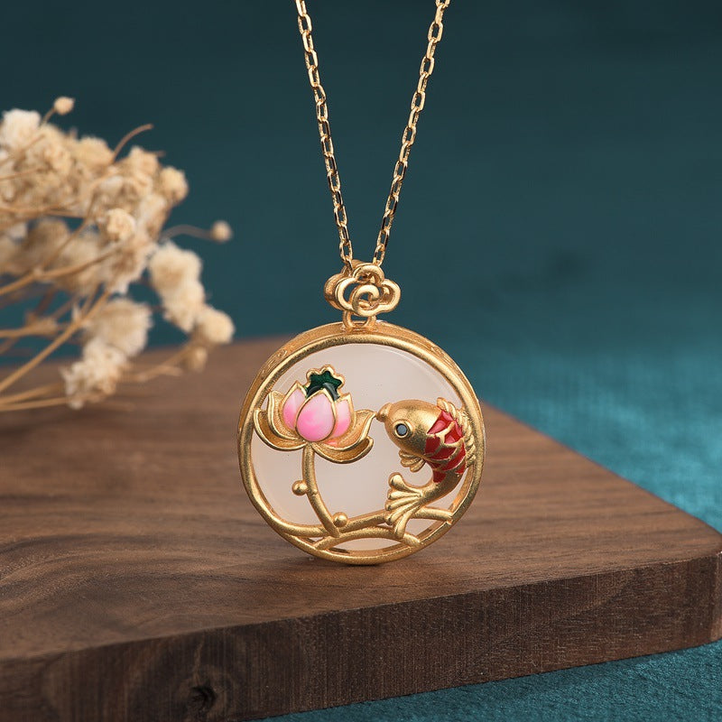 Gold-Tone Imitation Jade Peace Buckle Necklace, Chinese Style Pendant