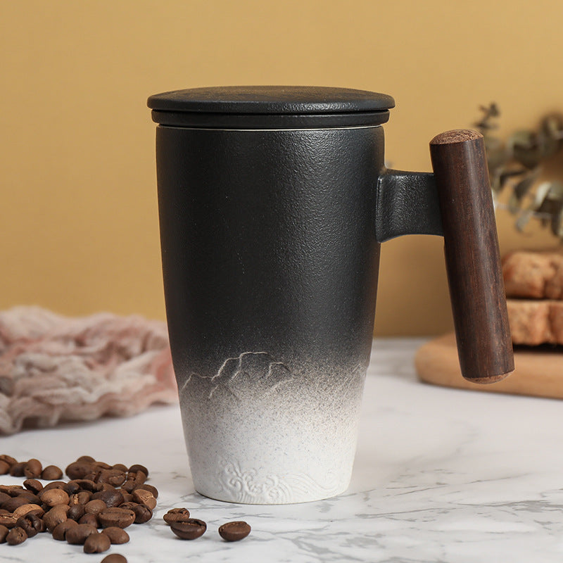 Ceramic Tea Cup with Infuser and Wooden Handle