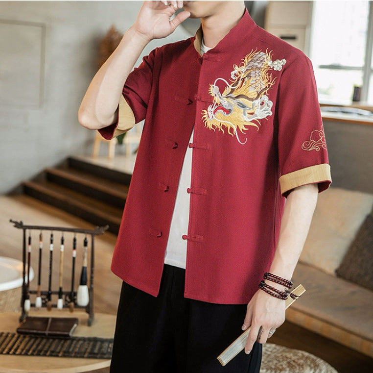 Men's Chinese Dragon Embroidery Cotton Linen Shirt