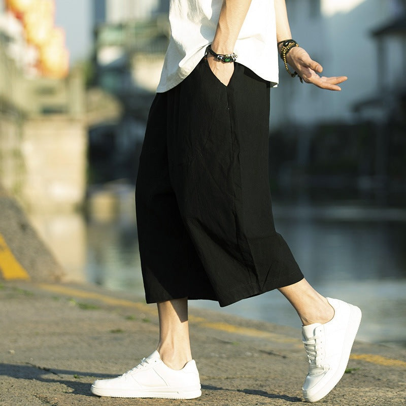 Men's Linen Pleated Pants Summer Drawstring Cropped Trousers