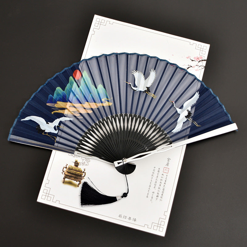 Cranes Auspicious Clouds Solid Color Gradient Handheld Bamboo Folding Fan