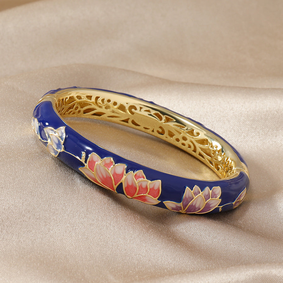 Cloisonné Enamel Flower Bangle Bracelet, Copper Alloy