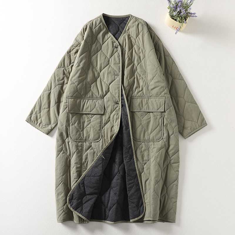 Women's Long Sleeve Cotton Coat With Pockets, Quilted V-Neck