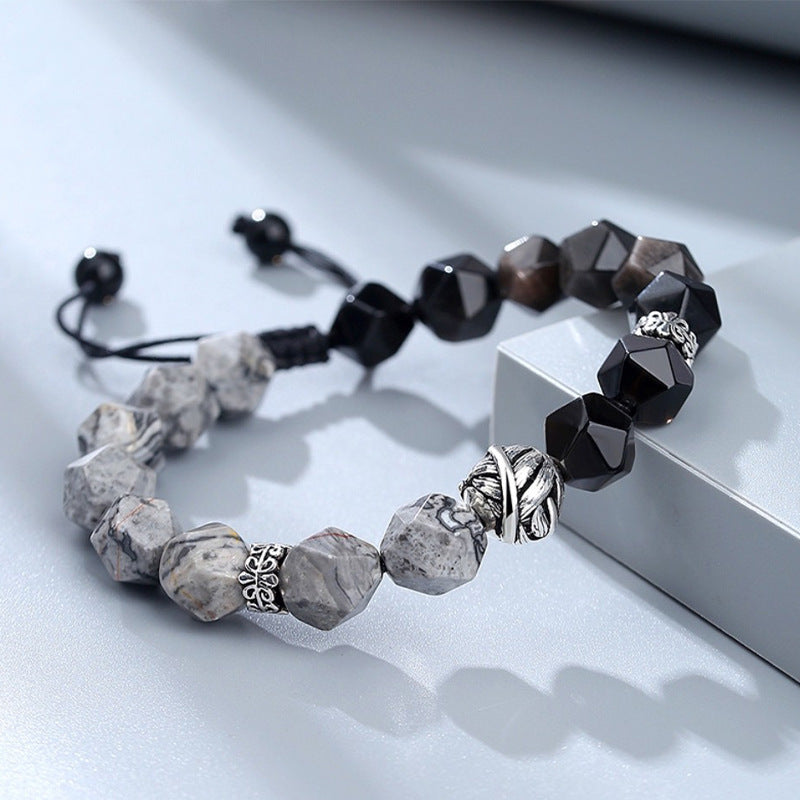 925 Sterling Silver Obsidian Bracelet with Leaf Charm