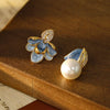 Asymmetric Enamel Flower and Pearl Stud Earrings