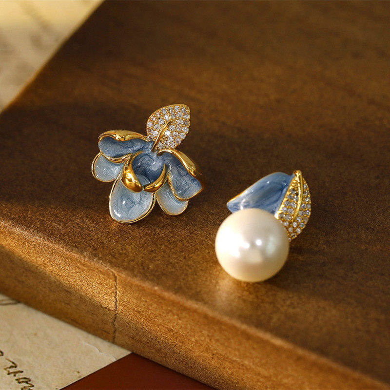 Asymmetric Enamel Flower and Pearl Stud Earrings