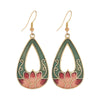 Pair of green and pink cloisonné lotus flower drop earrings on gold-tone hooks