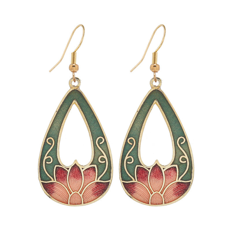 Pair of green and pink cloisonné lotus flower drop earrings on gold-tone hooks