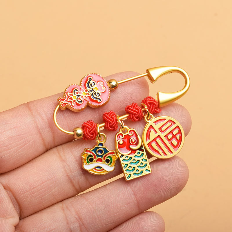 Chinese Gourd Safety Pin Brooch with Charms