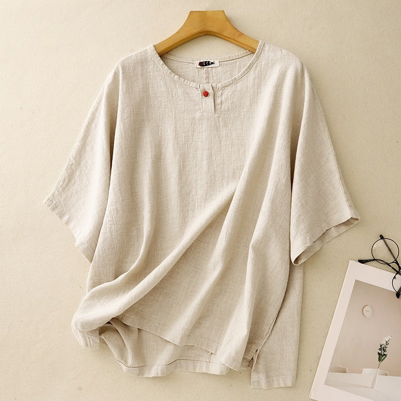 Women's Linen Blend Short Sleeve T-shirt, Loose Fit Round Neck Top