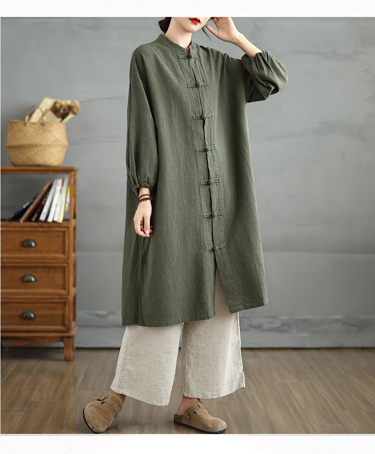 Women's Coat Cotton Linen Frog-button Trench Jacket