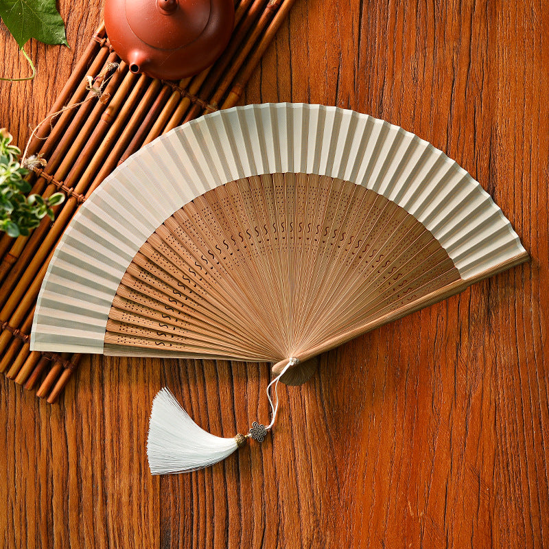 Chinese Style Bamboo Folding Fan with Silk Leaf and Tassel
