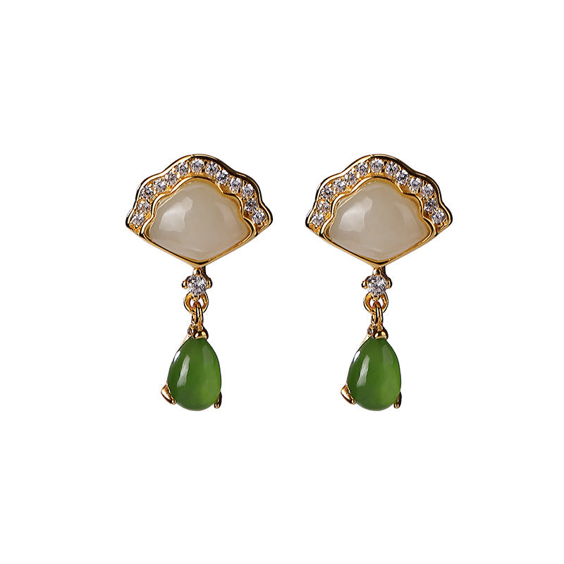 Pair of gold plated sterling silver earrings with white jade fans and green jade drops