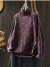 Women's Knitted Plant Pattern Long Sleeve Mock Neck Cotton Sweater