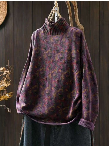 Women's Knitted Plant Pattern Long Sleeve Mock Neck Cotton Sweater
